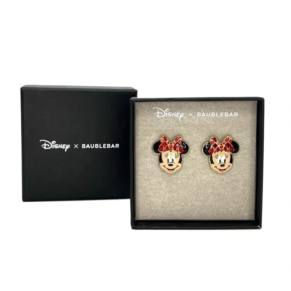 Disney x Baublebar Minnie Mouse Earrings Red Bow Crystals Gold Plated New NWT